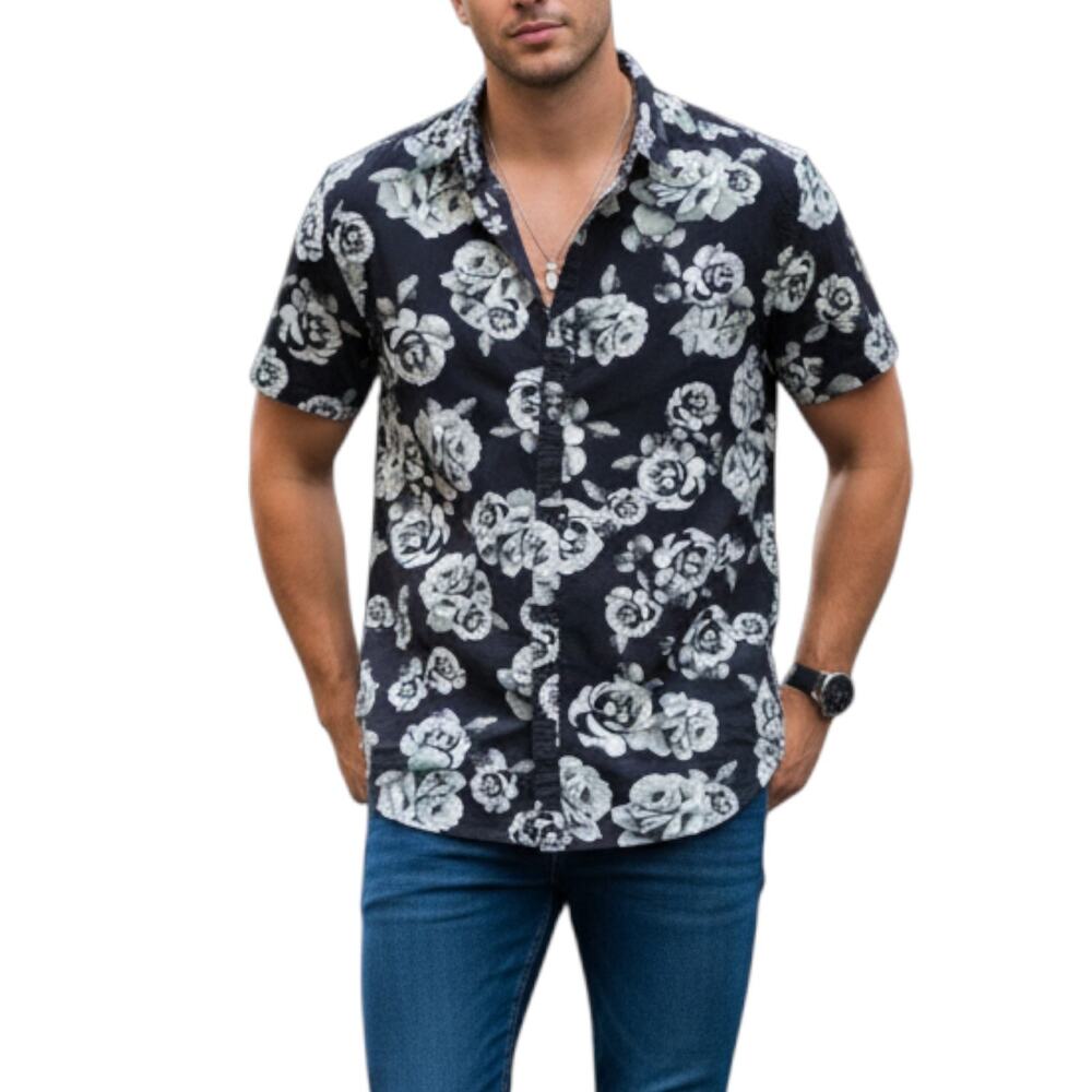 Cactus Man Ricky Singh Aloha Shirt Men XL Slim Black Roses Button Up Cotton Soft